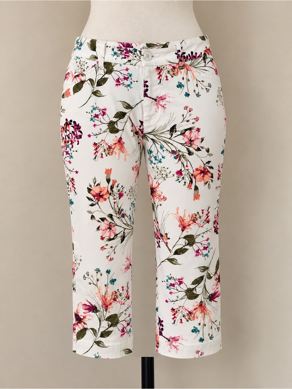 Floral Capri Pants Women’s 12 White Cotton Stretch Cropped Straight Leg